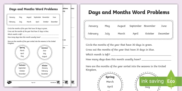 ? Days and Months Word Problems Activity Sheet - Twinkl