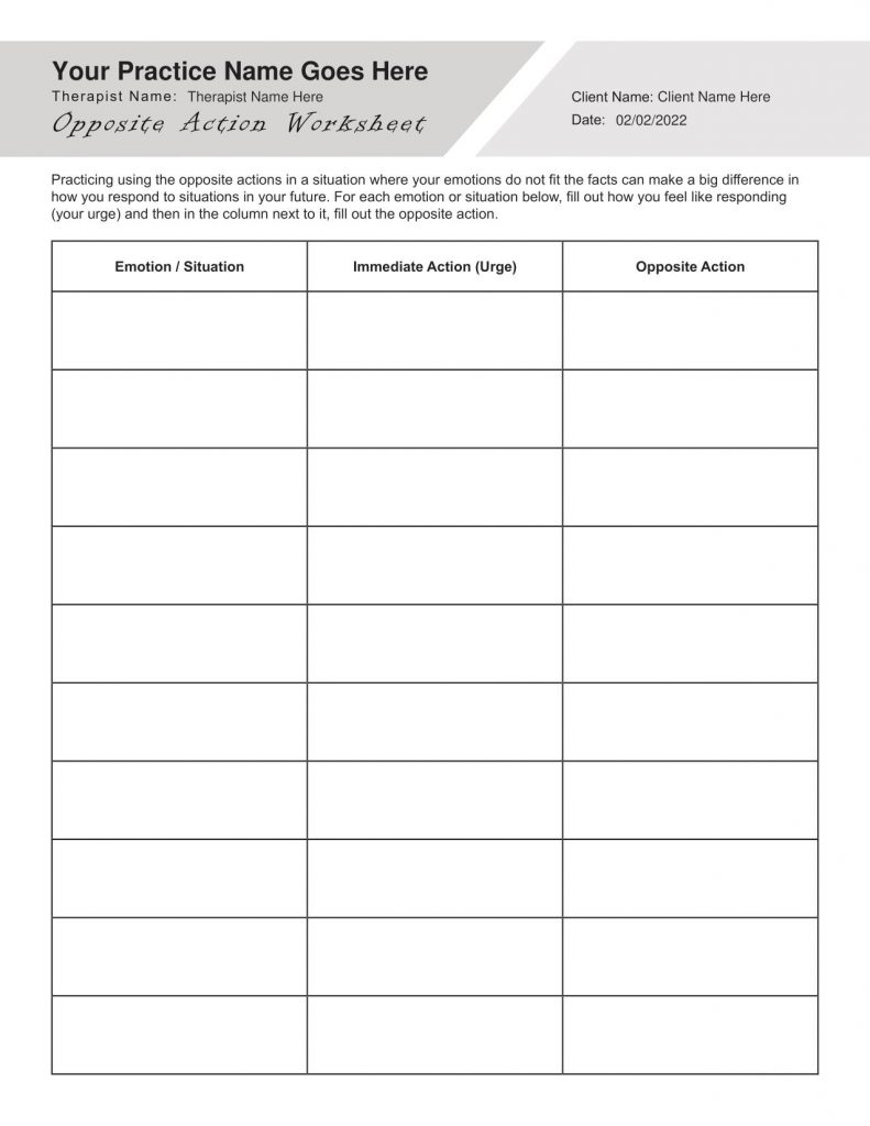 DBT Opposite Action Worksheet (Editable, Fillable, Printable PDF)