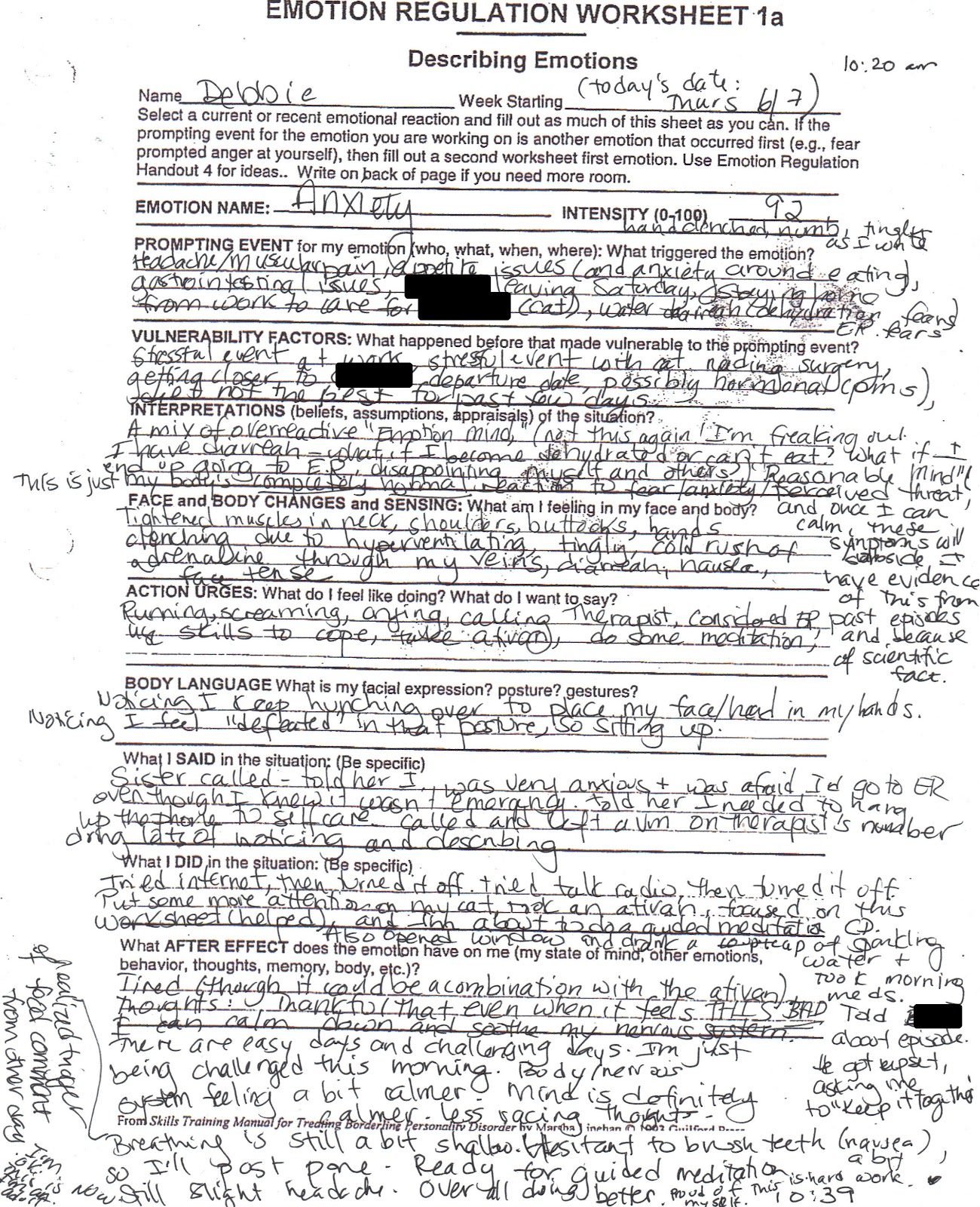 DBT Emotion Regulation Worksheet 1a (With Example) - Healing From ...