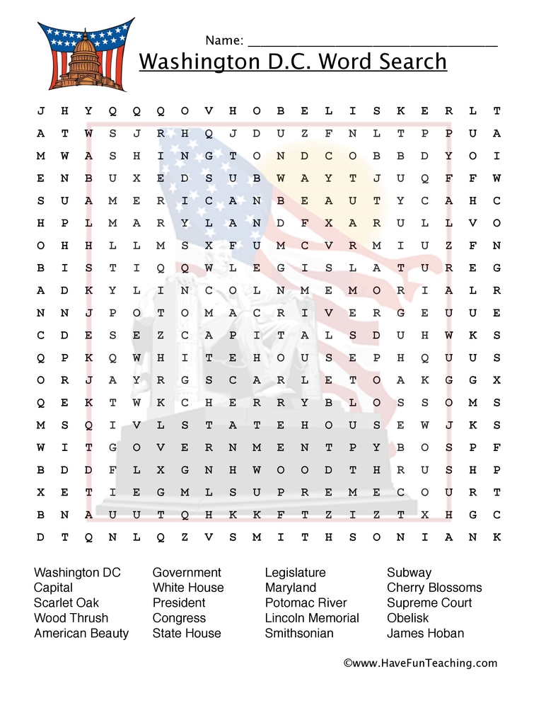 Washington D.C. Word Search Worksheet  