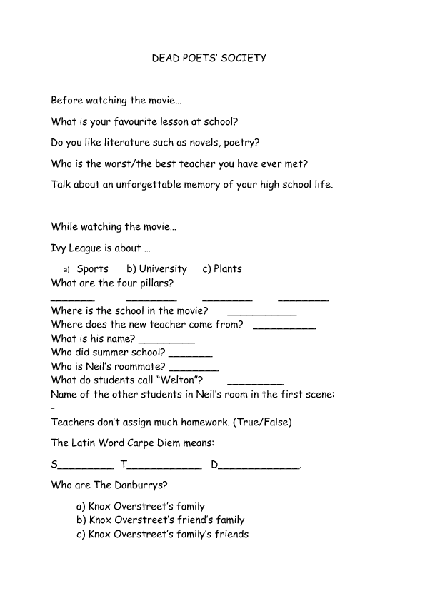 dead poets society worksheet