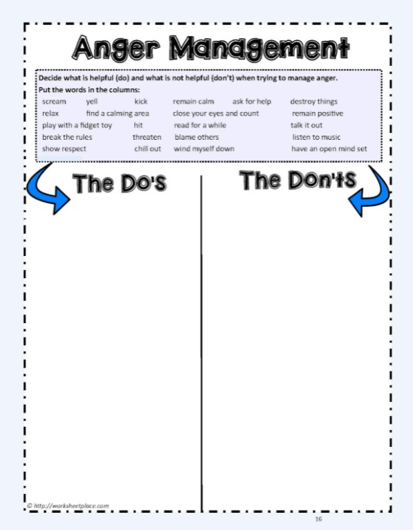 Anger Dos and Dont Worksheets