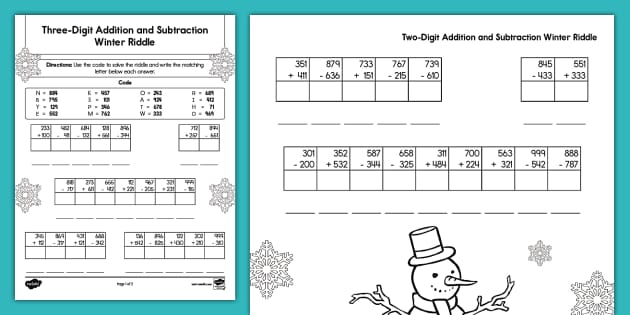 2nd Grade Three-Digit Addition &  Subtraction Winter Riddle