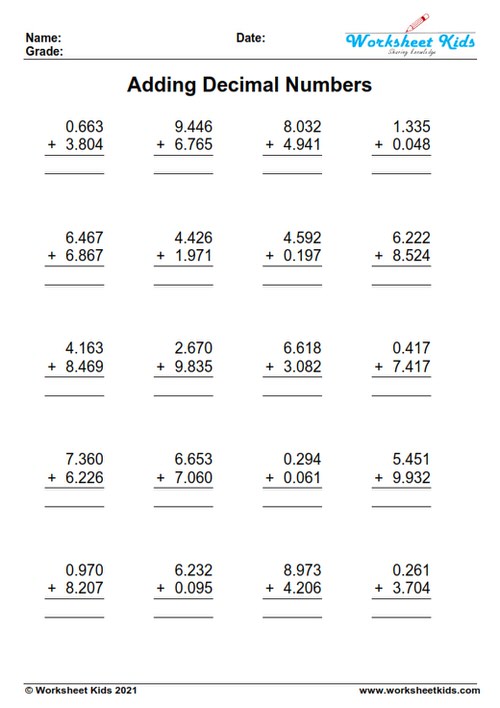 Decimal Addition Worksheets for Grades 4-6 : Free printable PDF