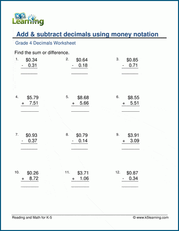 Add &  subtract decimals (with money notation) worksheets | Worsheets library