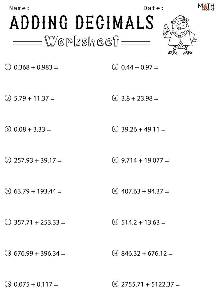Adding Decimals Worksheets - Math Monks
