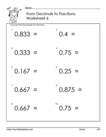 decimal and fraction worksheet