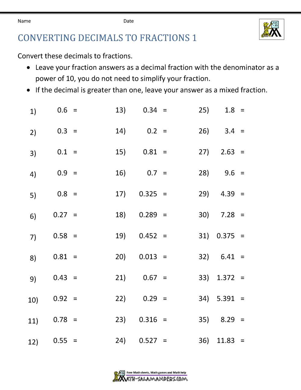 decimal and fractions worksheet