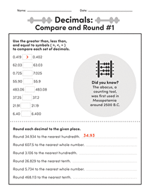 Decimals: Compare and Round #1 | Worksheet 