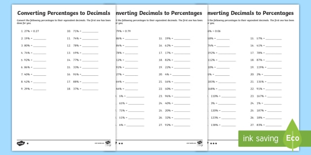 Converting Percentages to Decimals Differentiated Worksheet ...
