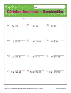 Dividing Decimals - Hundredths | Decimal Worksheets