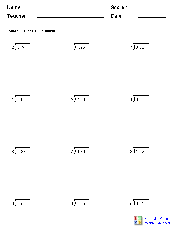 decimal division worksheet 7th grade