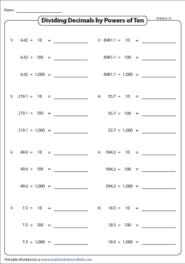 Dividing Decimals by Powers of Ten Worksheets
