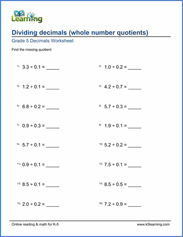 Grade 5 Math Worksheet: Dividing decimals (whole number quotients ...