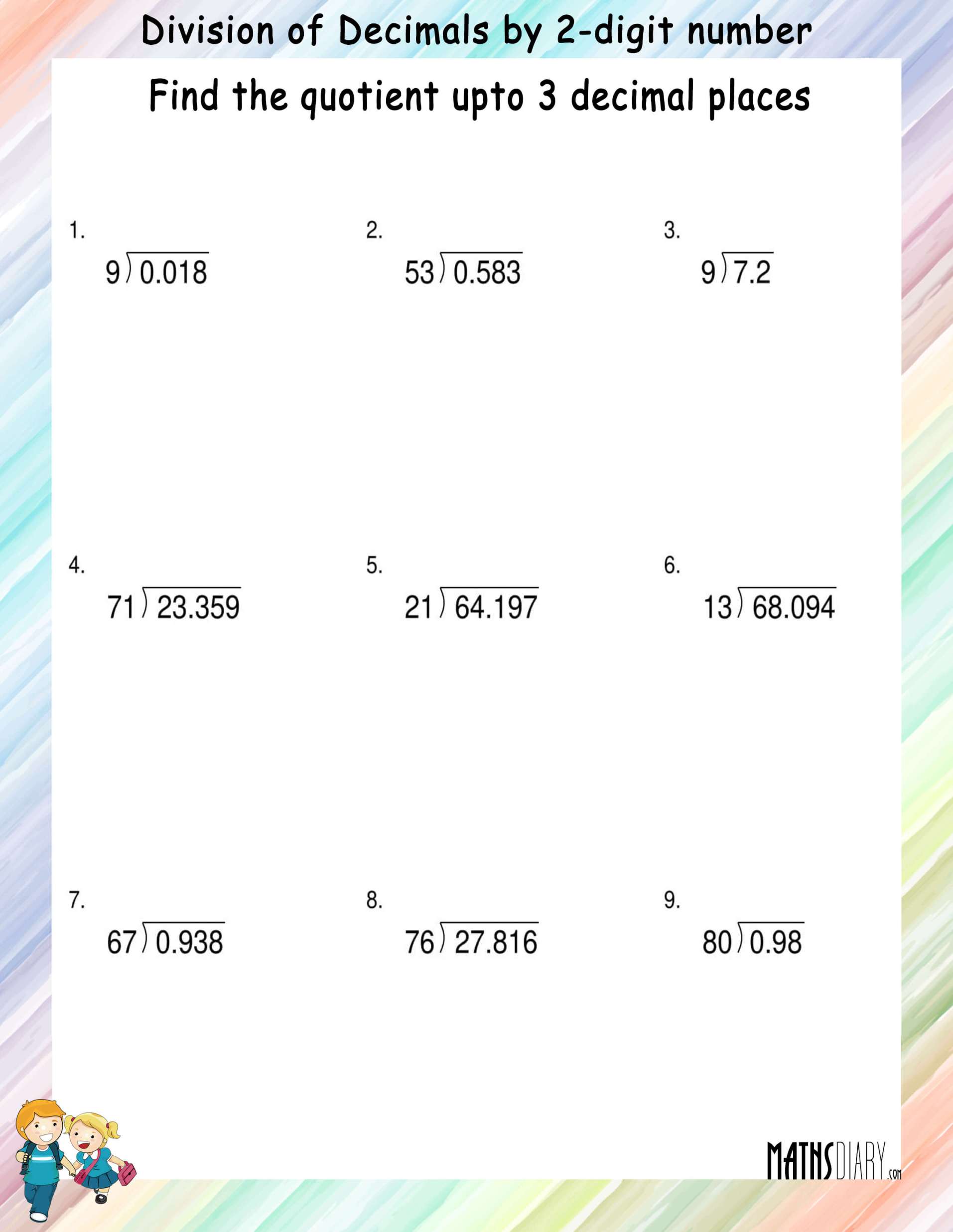 Division of Decimals by 2-digit number - Math Worksheets ...