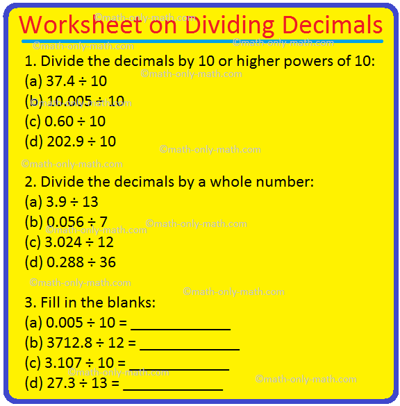 Worksheet on Dividing Decimals | Huge Number of Decimal Division Prob