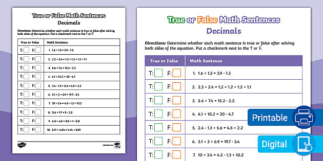 True or False Equations | Decimals | Math Sentences - Twinkl