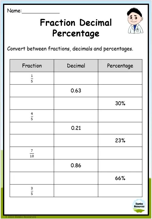 decimal fraction percent worksheet