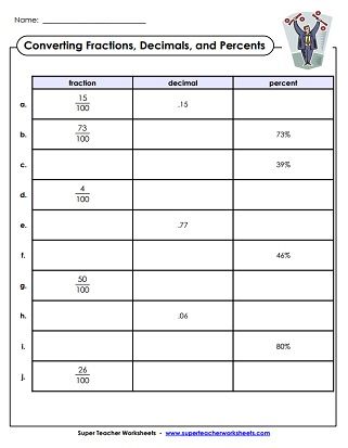 decimal fraction percent worksheet