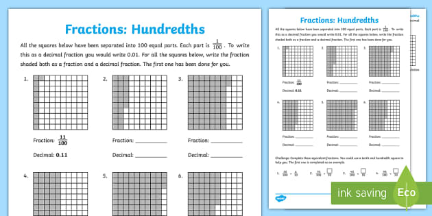 Hundredths Worksheet / Worksheet (teacher made) - Twinkl