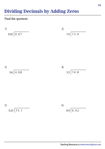 Dividing Decimals by Adding Zeros Worksheets