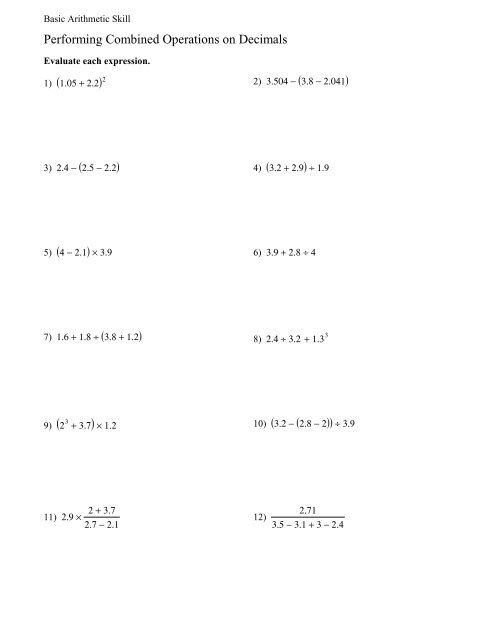 decimal mixed operations worksheet generator