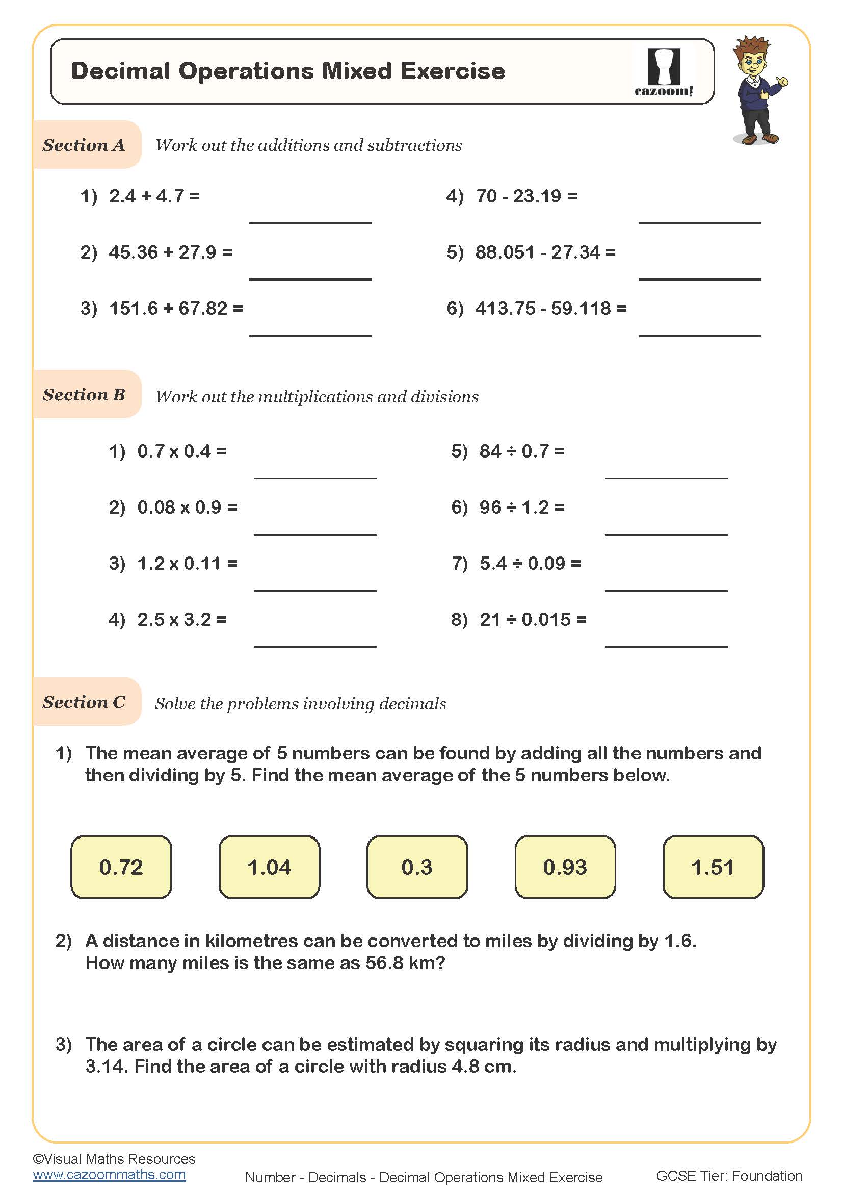 Decimal Operations Mixed Exercise Worksheet | Printable PDF ...