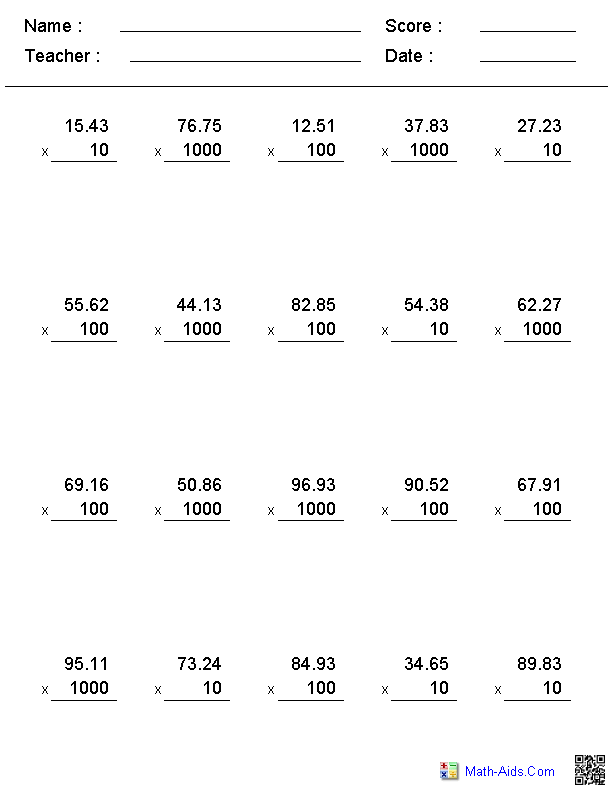 Decimals Worksheets | Dynamically Created Decimal Worksheets