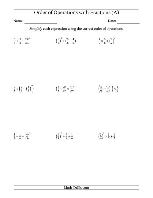 Order of Operations with Positive Fractions (Three Steps) (A)