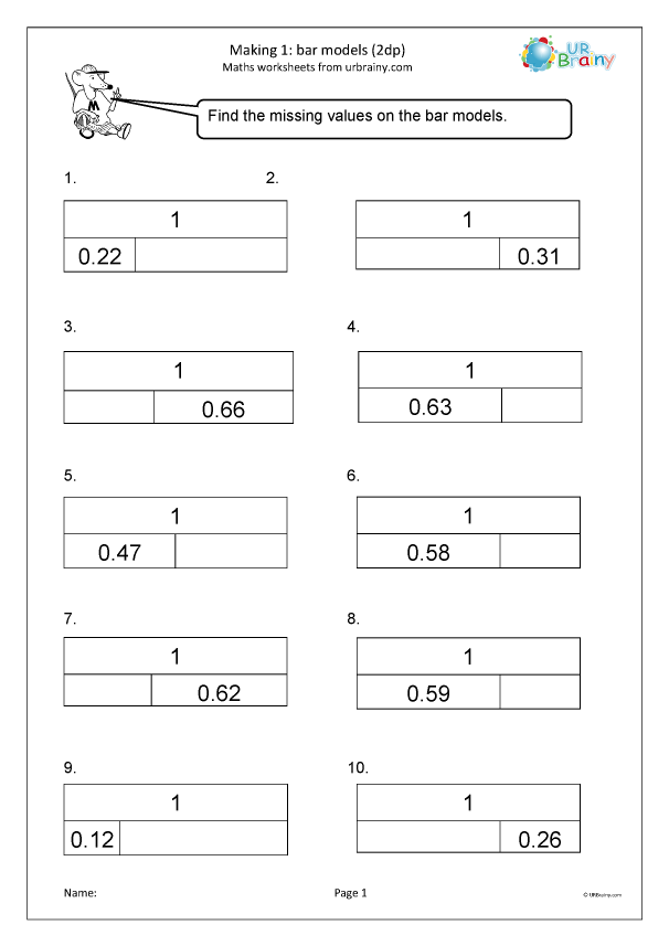 Bar models for making 1 (2dp) - Fraction and Decimal Worksheets ...
