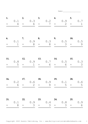 One Decimal by One Digit Multiplication Worksheet E