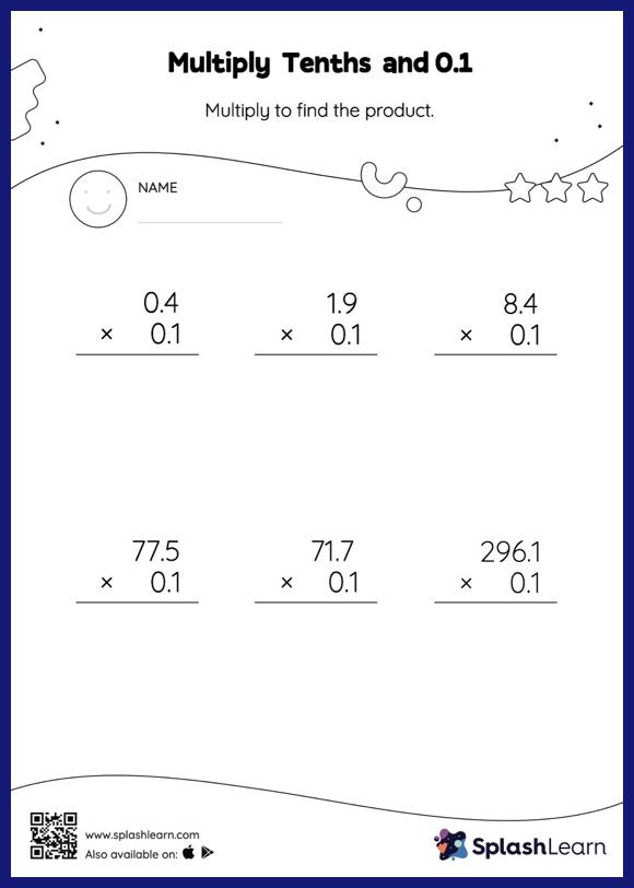 Multiply Tenths and 0.1: Vertical Multiplication - Math Worksheets ...