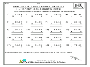 Multiplication- Four Digits Decimals- Hundredths by 1-Digit (Sheet ...
