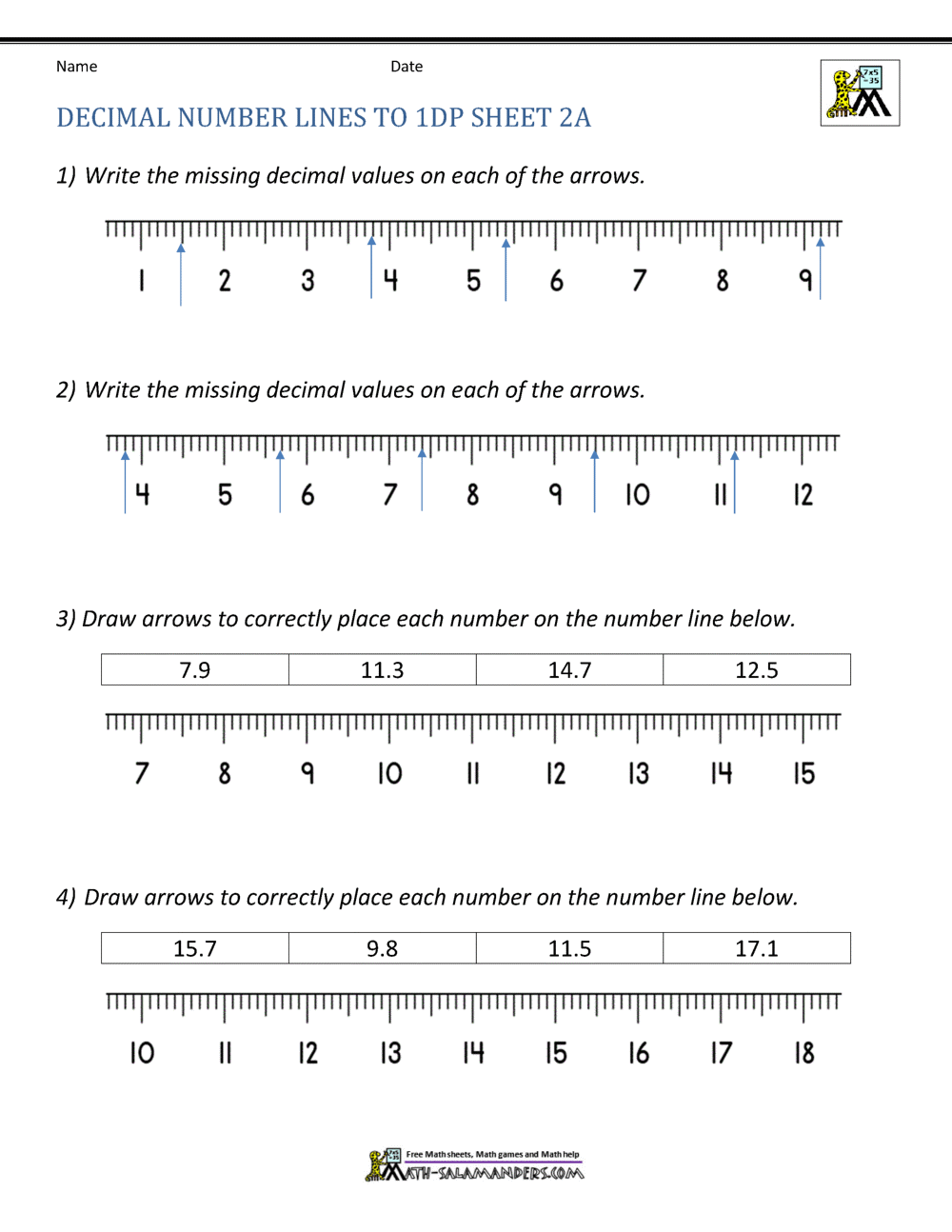 decimal on number line worksheet