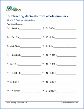 Decimals Addition &  Subtraction Worksheets for Grade 5 | Worsheets library