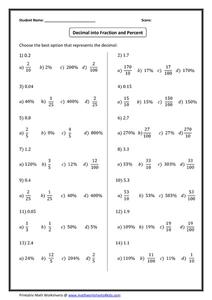 Decimal into Fraction and Percent Worksheet for 6th - 7th Grade ...