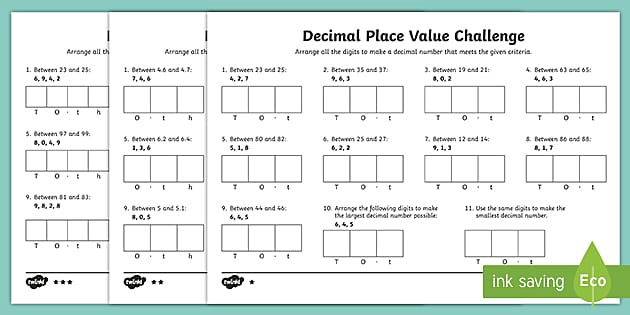 decimal place value matching worksheet
