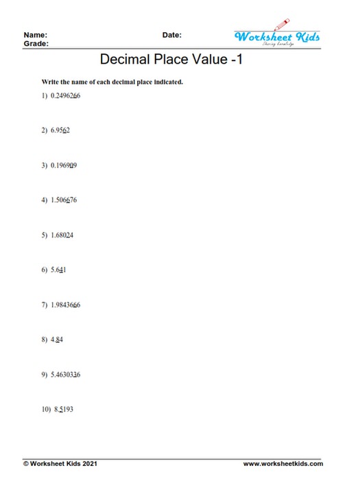 Decimal place value worksheets for 5th grade - Free printable PDF