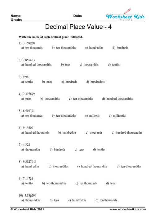 Decimal place value worksheets for 5th grade - Free printable PDF