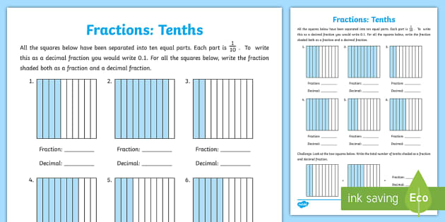 Tenths as Fractions and Decimals Worksheet  NZ