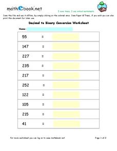 Decimal to Binary Conversion Worksheet for 8th - 10th Grade ...
