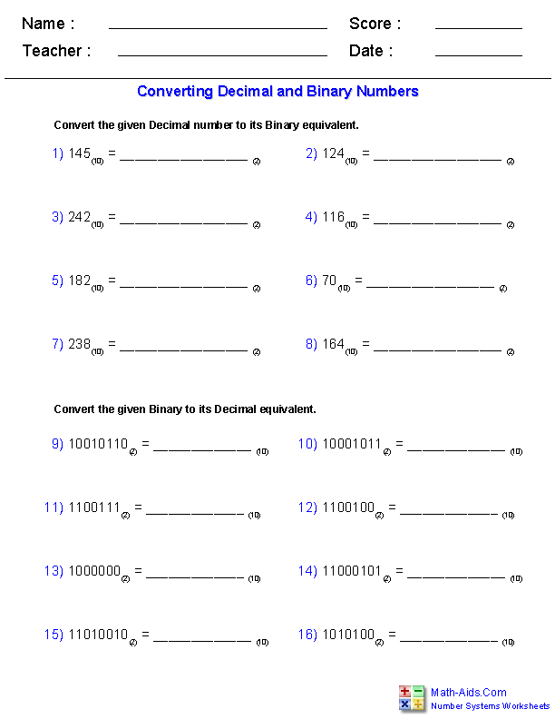 Number Systems Worksheets | Dynamically Created Number Systems ...
