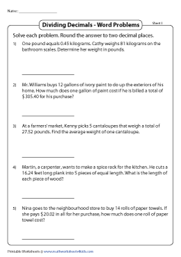 Decimal Word Problems Worksheets