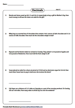 Decimal Word Problems Worksheets