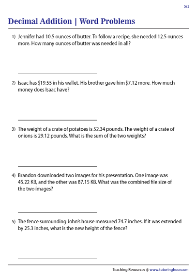 Decimal Addition Word Problems Worksheets