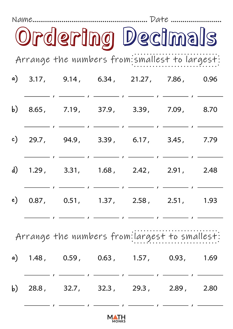 Decimals Worksheets - Math Monks