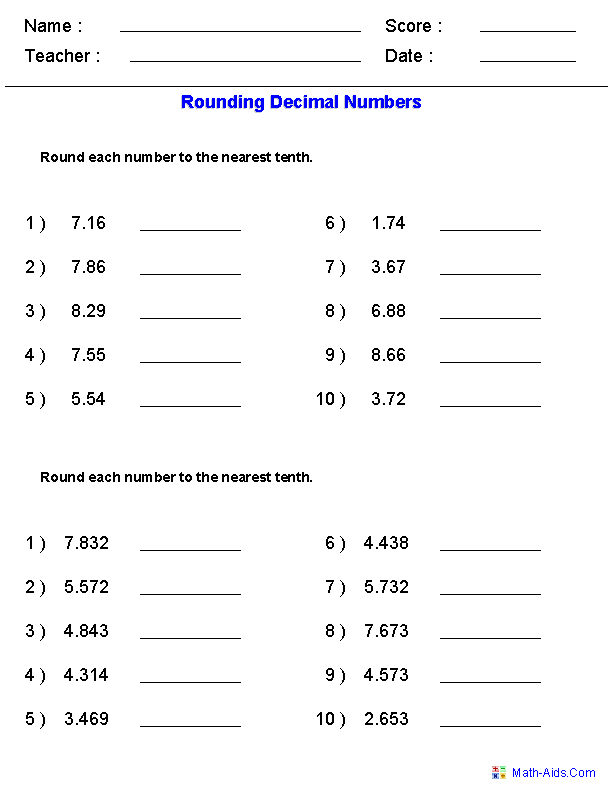 Decimals Worksheets | Dynamically Created Decimal Worksheets