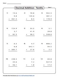 Adding Multiple Decimals Worksheets