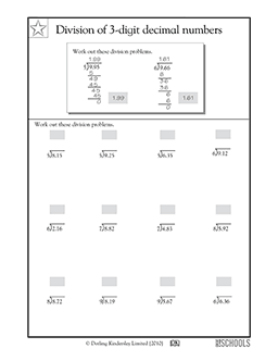 Division of 3-digit decimals #2 | 5th grade Math Worksheet ...