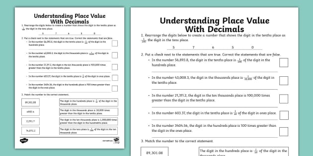 Understanding Place Value With Decimals Worksheet 3rd-5th Gr